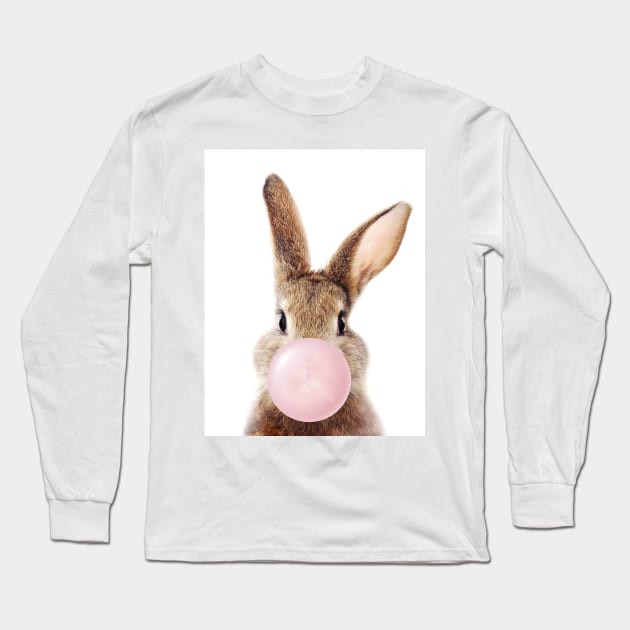 Brown Bunny Blowing Bubble Gum, Pink Nursery, Baby Animals Art Print by Synplus Long Sleeve T-Shirt by Synplus